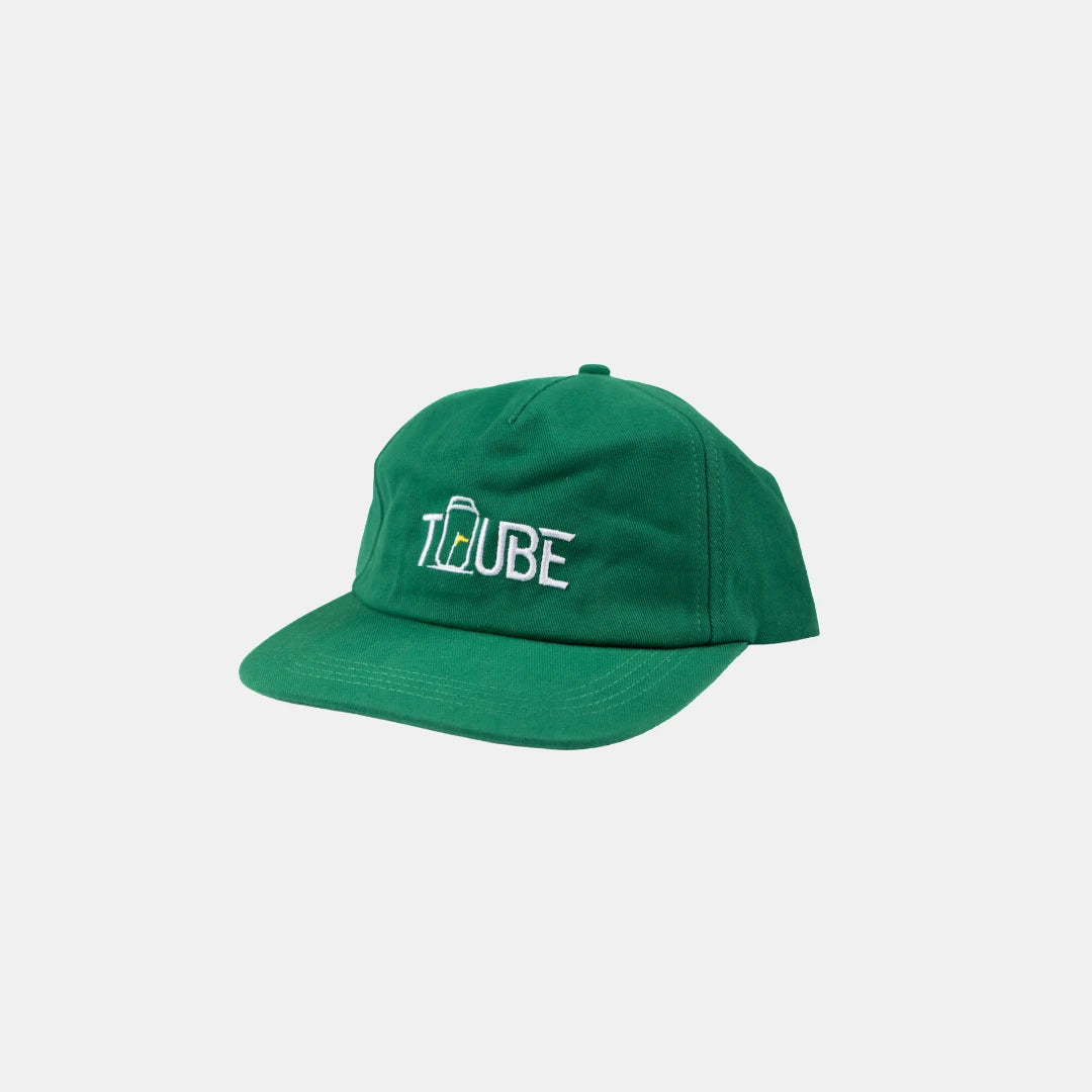 Green Tuube 5-panel golf hat, 100% cotton with velcro adjustable strap, embroidered branding for golfers on and off the course