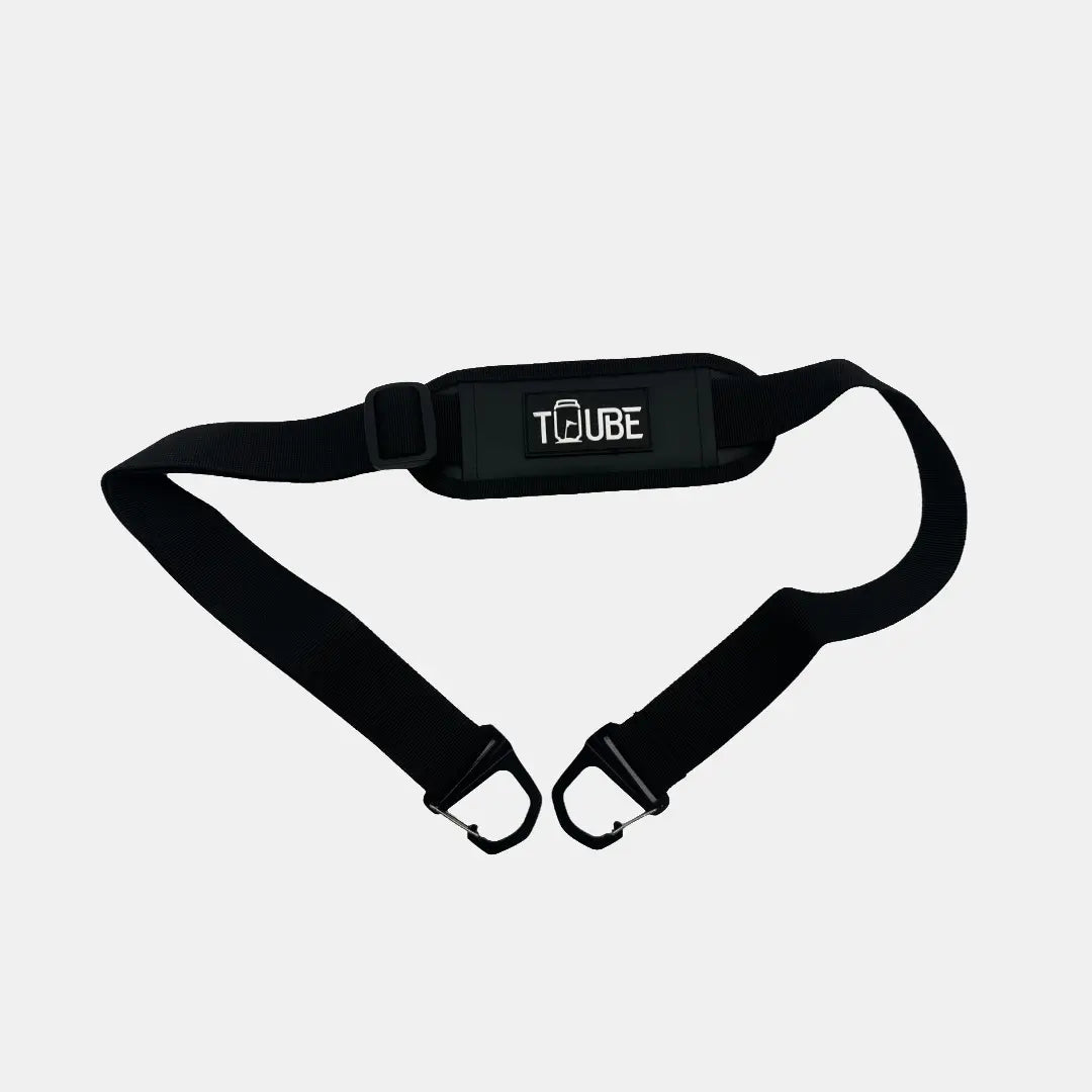Tuube padded cooler bag shoulder strap in black and grey, 35mm soft nylon with heavy-duty metal clips and mesh shoulder pad, adjustable fit