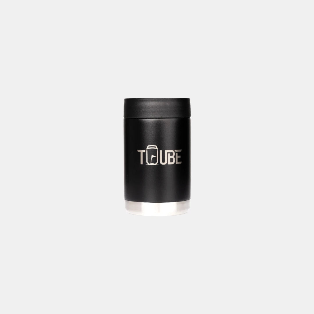 Black Tuube stainless steel insulated cooler, no-condensation design, easy-twist gasket seal, fits cup holders, dishwasher safe