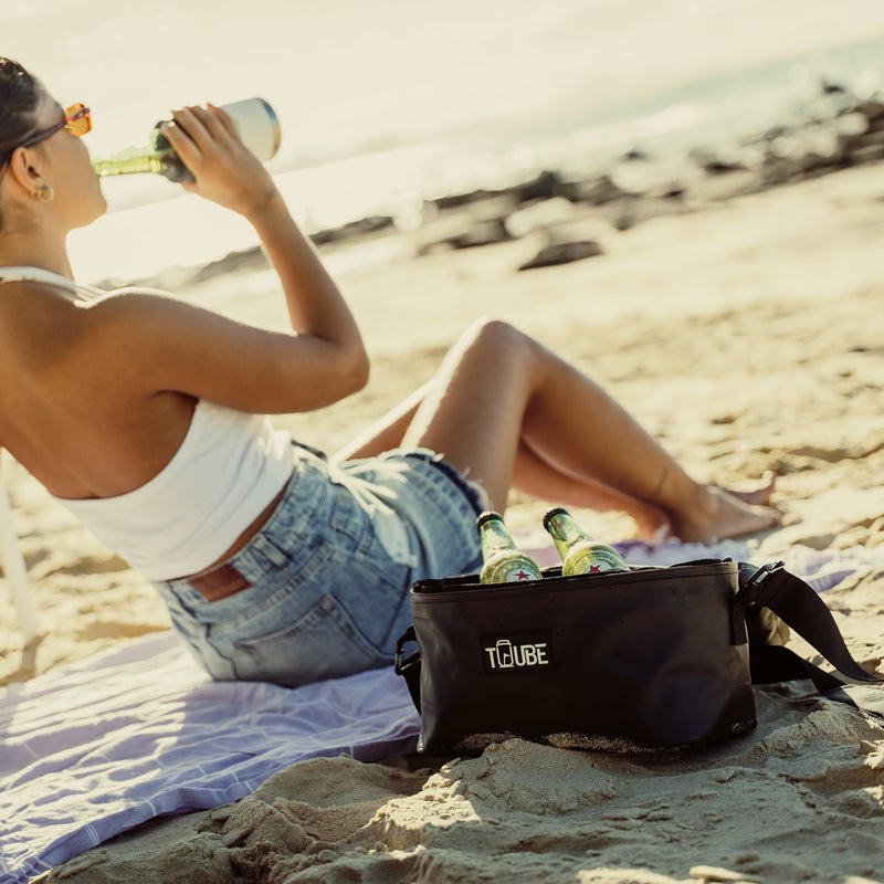 Black Tuube Lunch Box 6L open showing 6L leakproof insulated interior with 100% leakproof zipper for everyday cooler use