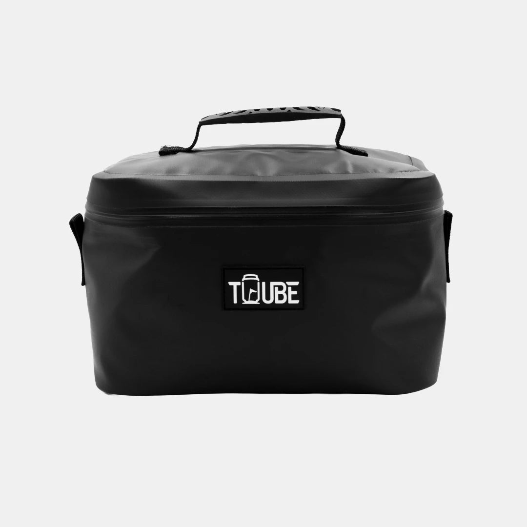 Black Tuube Lunch Box 6L product shot showing 32mm carry handle and rear carabiner attachment, insulated cooler for work and golf