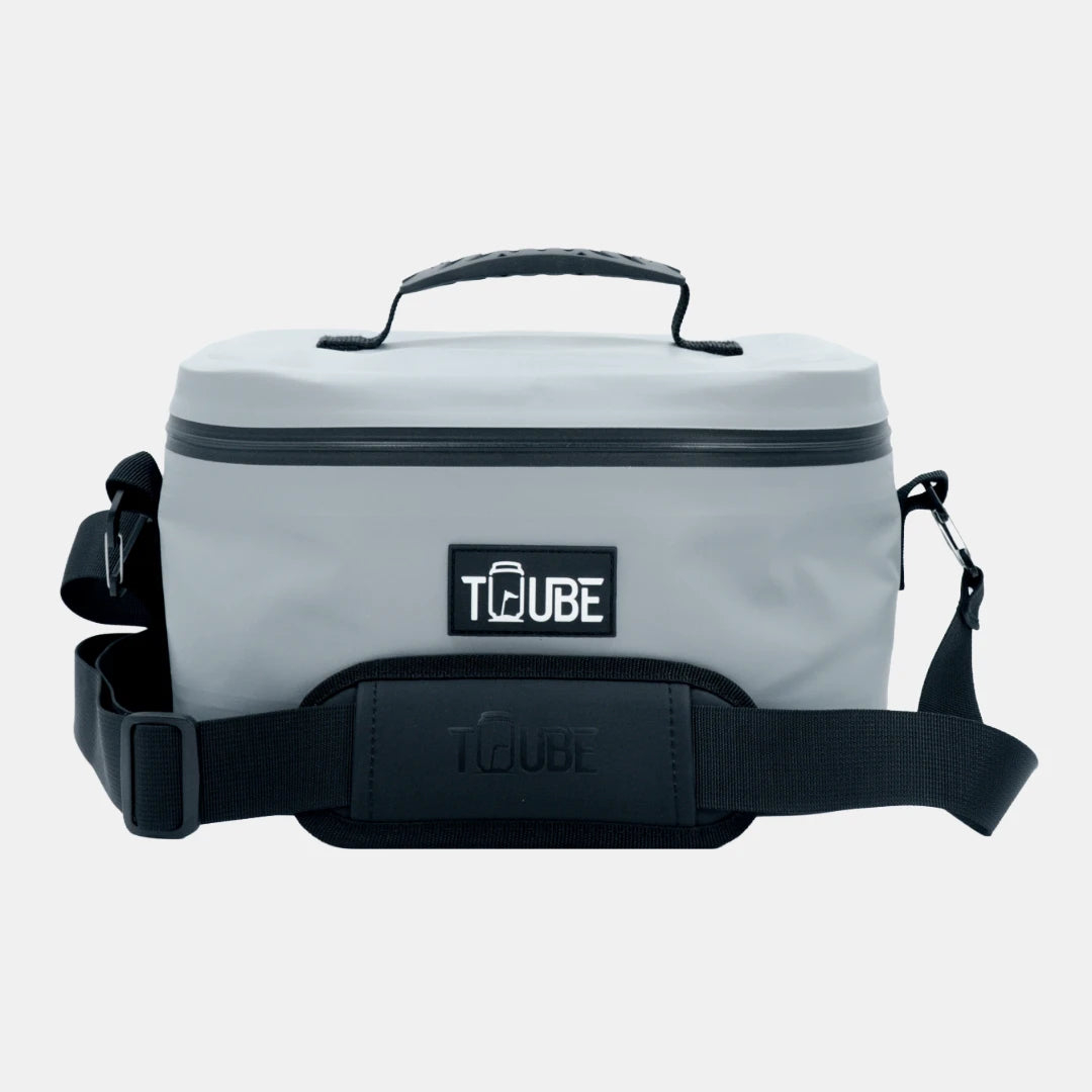 Grey Tuube Lunch Box 6L insulated cooler bag, 28cm x 17cm x 17cm, holds 12 cans, heavy-duty carabiner clips to golf bag or backpack