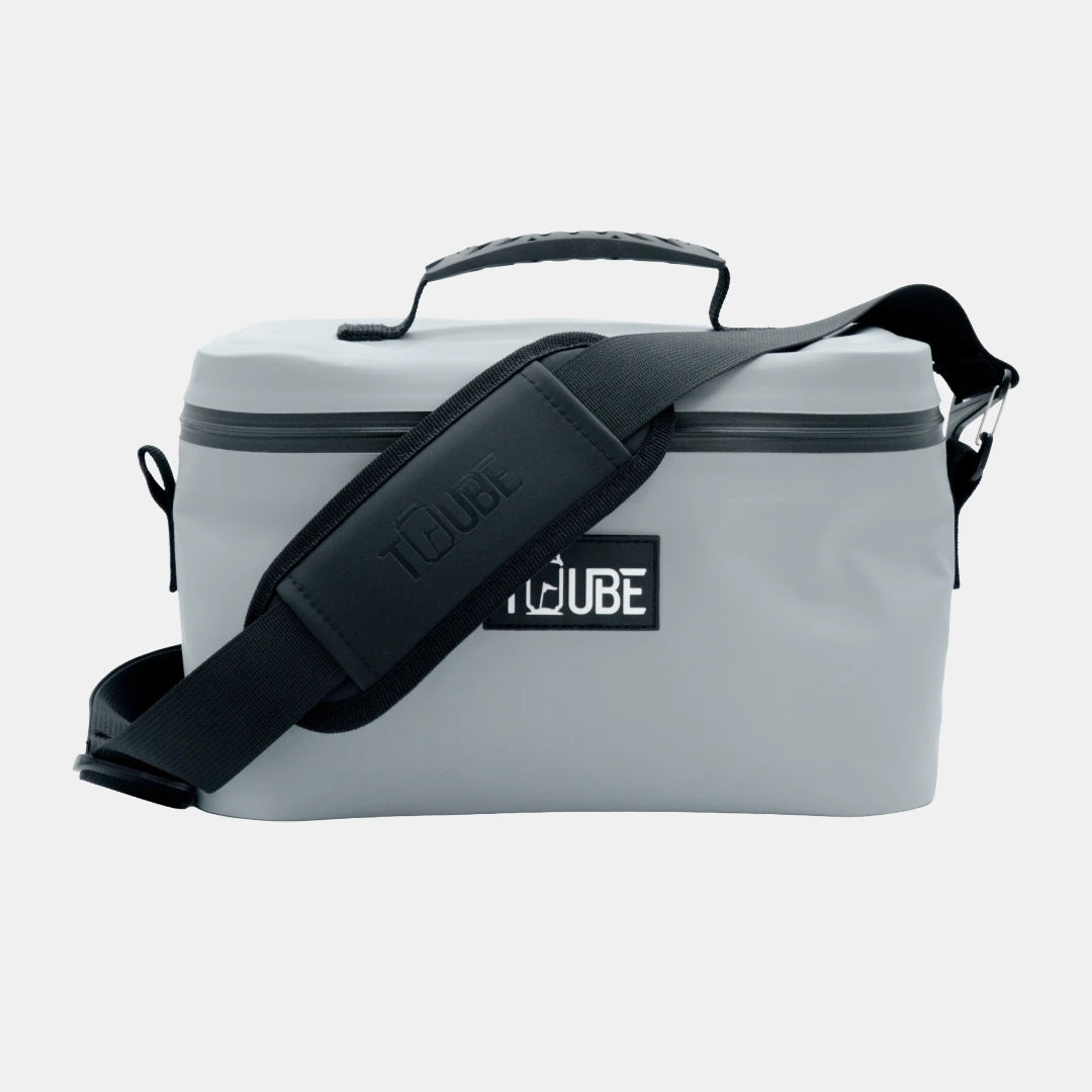 Grey Tuube Lunch Box 6L open view showing 6L leakproof insulated interior with food containers and drinks, versatile everyday carry cooler