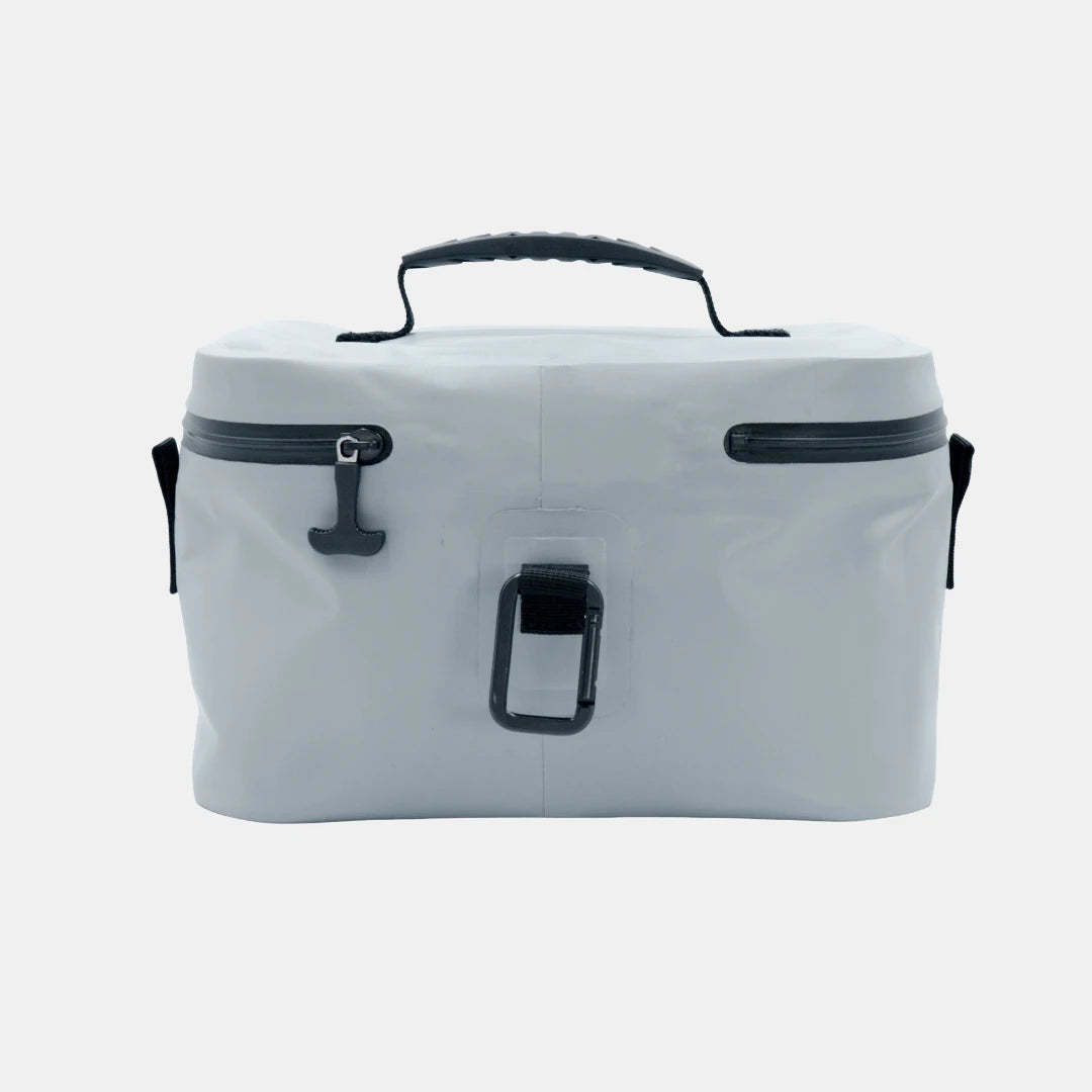Grey Tuube Lunch Box 6L showing 32mm reinforced carry handle and heavy-duty carabiner clip for golf bag or backpack attachment