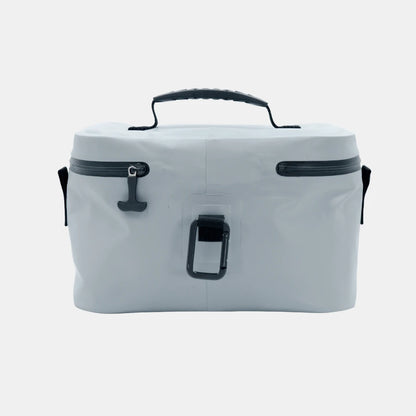 Grey Tuube Lunch Box 6L showing 32mm reinforced carry handle and heavy-duty carabiner clip for golf bag or backpack attachment