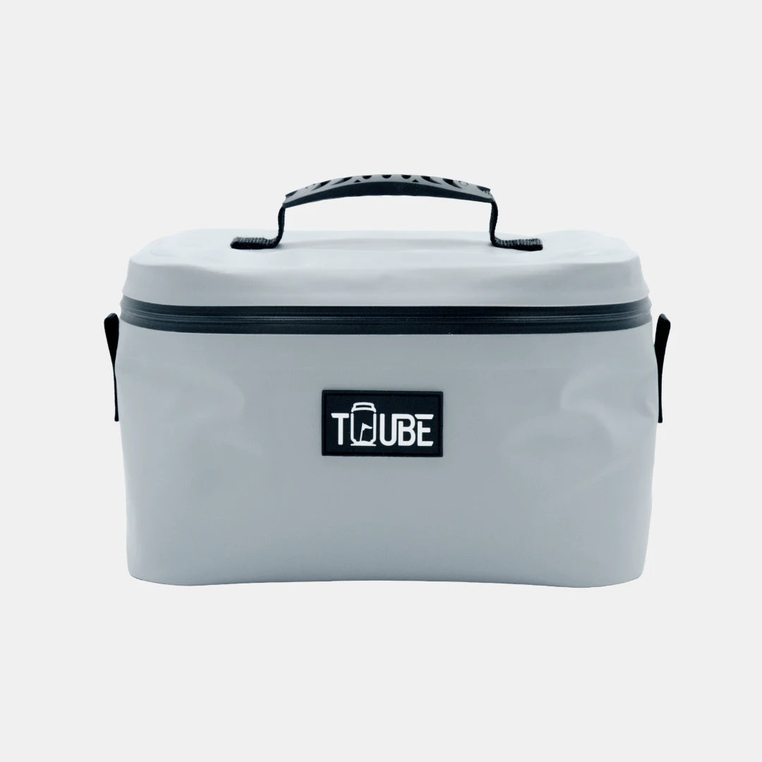 Grey Tuube Lunch Box 6L front shot showing versatile use for work, beach, and golf course, insulated leakproof cooler bag