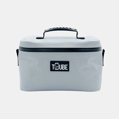Grey Tuube Lunch Box 6L front shot showing versatile use for work, beach, and golf course, insulated leakproof cooler bag