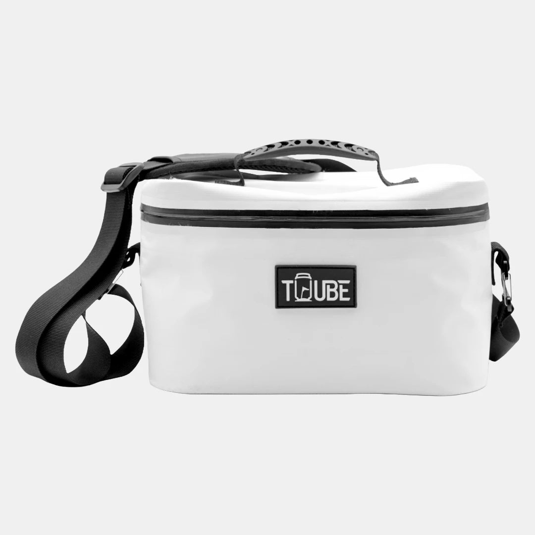White Tuube Lunch Box 6L product detail showing PVC tarpaulin exterior finish and heat-welded leakproof side seams