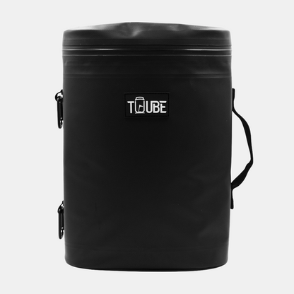 Open Tuube Weekender 8L black cooler bag loaded with 12 cans and ice, full interior visible with leakproof heat-welded inner liner