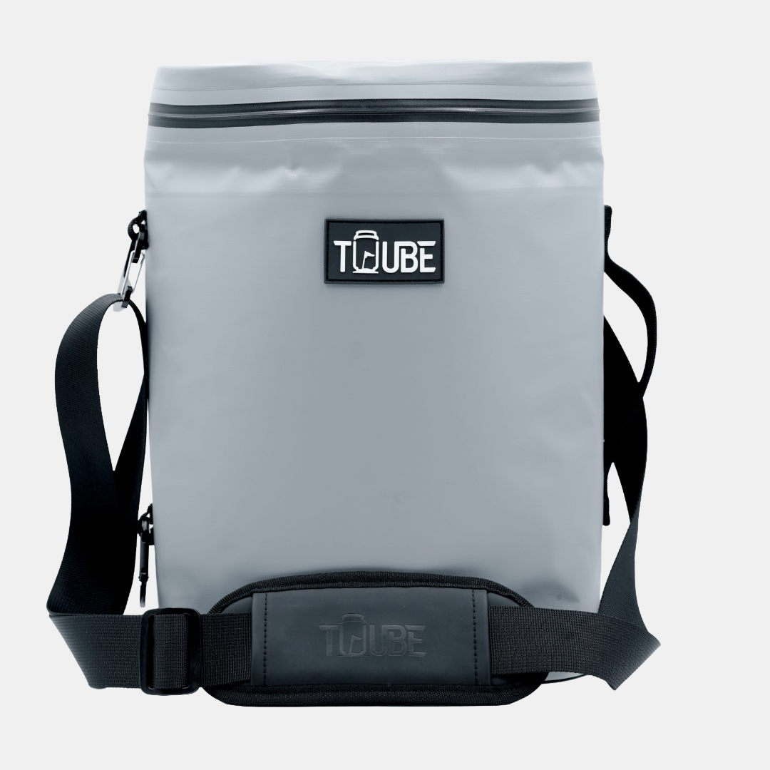 Tuube Weekender 8L insulated cooler bag in grey, upright product shot showing PVC tarpaulin exterior, leakproof zipper, and carry handle
