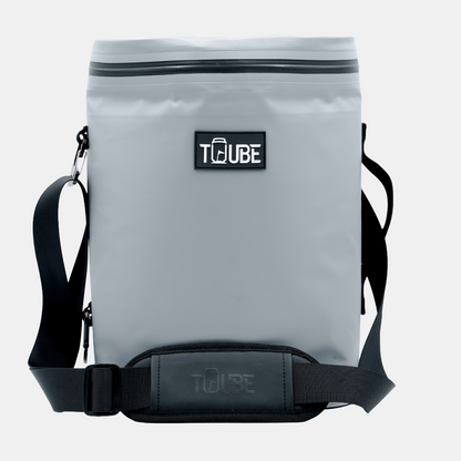 Tuube Weekender 8L insulated cooler bag in grey, upright product shot showing PVC tarpaulin exterior, leakproof zipper, and carry handle