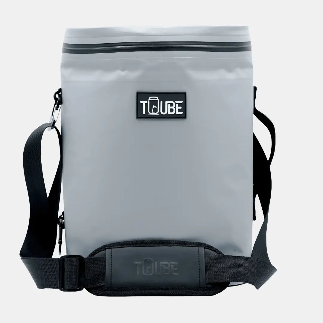 Tuube Weekender 8L insulated cooler bag in grey, upright product shot showing PVC tarpaulin exterior, leakproof zipper, and carry handle