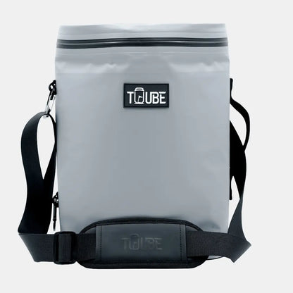 Tuube Weekender 8L insulated cooler bag in grey, upright product shot showing PVC tarpaulin exterior, leakproof zipper, and carry handle