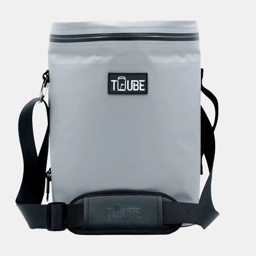 Tuube Weekender 8L insulated cooler bag in grey, upright product shot showing PVC tarpaulin exterior, leakproof zipper, and carry handle