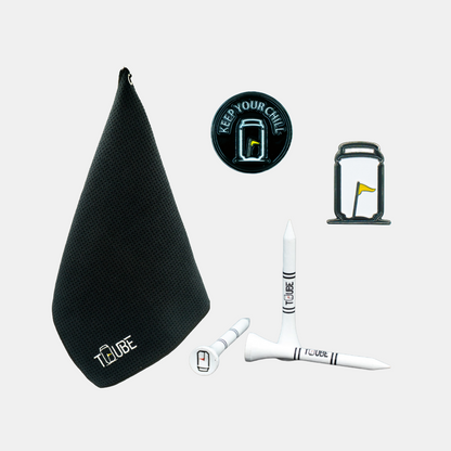 Tuube Accessories Bundle flat-lay showing microfibre clip towel, Can and Keep Your Chill ball markers, and short tees on white background