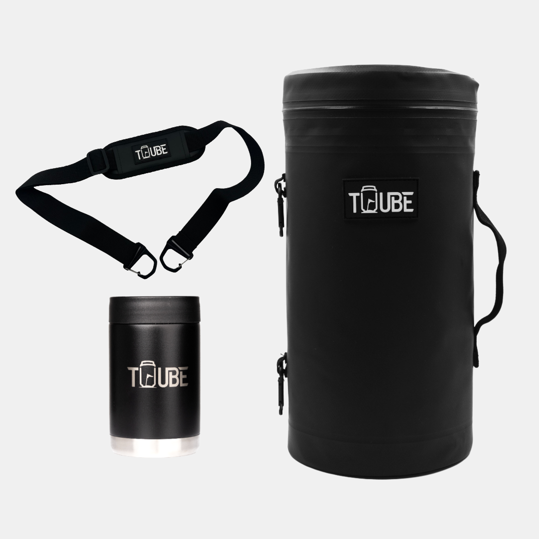Black Tuube Caddy Bundle flat-lay showing Tuube XL black cooler, padded shoulder strap, and black stainless steel cooler on white