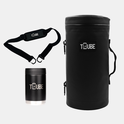 Black Tuube Caddy Bundle flat-lay showing Tuube XL black cooler, padded shoulder strap, and black stainless steel cooler on white