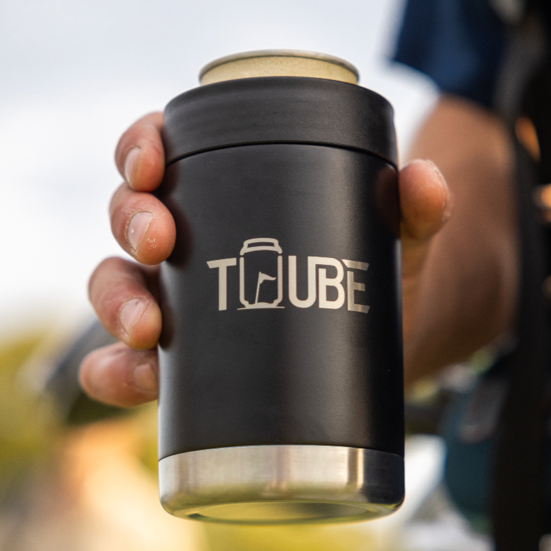 Black Tuube stainless steel cooler product flat-lay showing condensation-free outer finish, compatible with cans and bottles