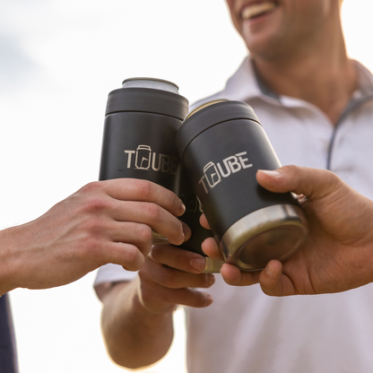 Black Tuube stainless steel cooler side view showing easy-twist gasket lid seal and no-condensation insulated exterior