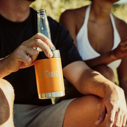 Orange Tuube stainless steel cooler detail showing easy-twist gasket and no-condensation insulated outer wall construction