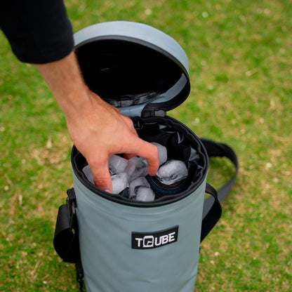 Tuube Cooler Bag XL - Grey - Cans in bag with ice on top. 