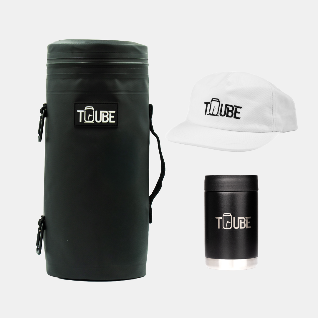Black Tuube Gift Bundle showing black Tuube 2.0 cooler and black stainless steel cooler, ideal golf gift set with hat