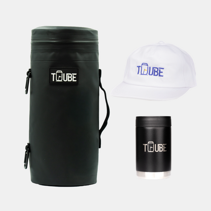 Black Tuube Gift Bundle showing black Tuube 2.0 cooler and black stainless steel cooler, ideal golf gift set with hat