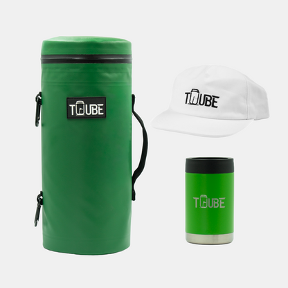 Green Tuube Gift Bundle showing green Tuube 2.0 cooler and green stainless steel cooler, colour-coordinated golf gift set