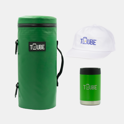 Green Tuube Gift Bundle showing green Tuube 2.0 cooler and green stainless steel cooler, colour-coordinated golf gift set