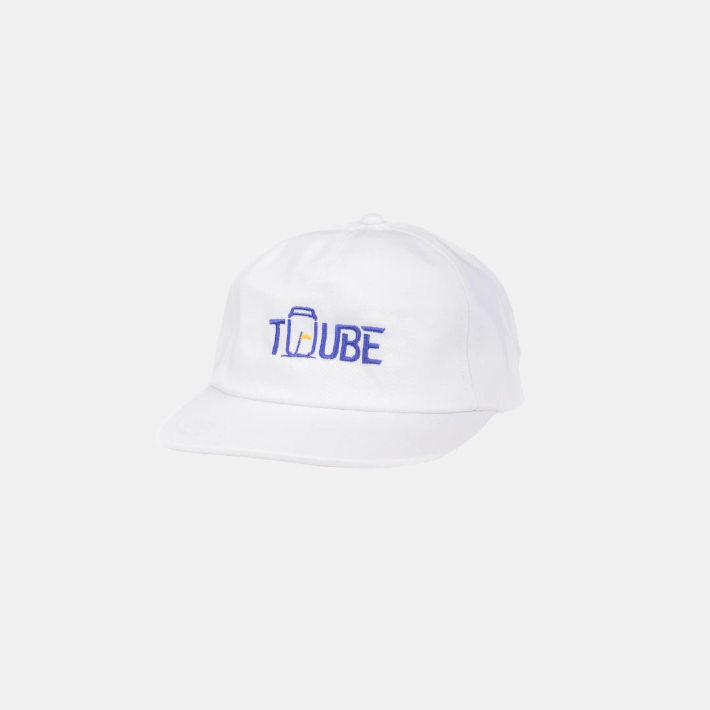White and blue Tuube 5-panel hat, 100% cotton with velcro adjustable strap, two-tone colourway for golfers and casual wear