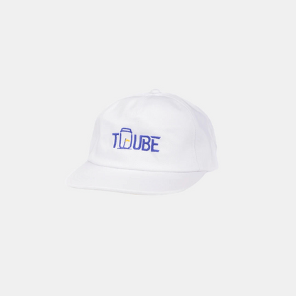 White and blue Tuube 5-panel hat, 100% cotton with velcro adjustable strap, two-tone colourway for golfers and casual wear