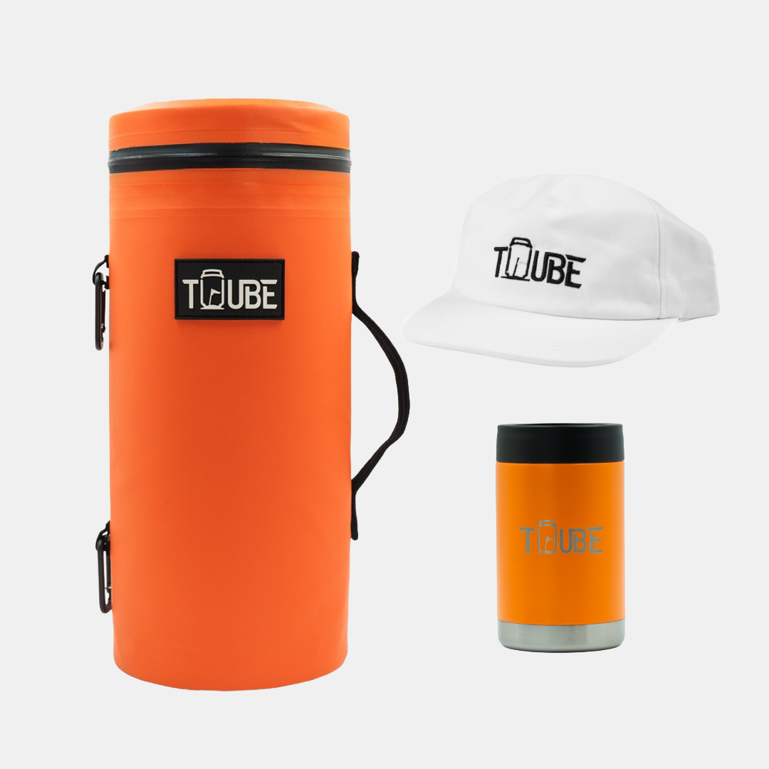 Orange Tuube Gift Bundle flat-lay showing orange Tuube 2.0 cooler and orange stainless steel cooler, bold matching golf gift set