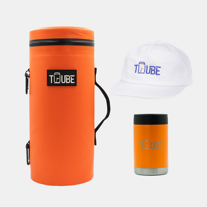 Orange Tuube Gift Bundle flat-lay showing orange Tuube 2.0 cooler and orange stainless steel cooler, bold matching golf gift set