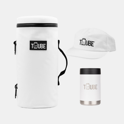 White Tuube Gift Bundle flat-lay showing white Tuube 2.0 cooler and white stainless steel cooler, clean colourway golf gift set