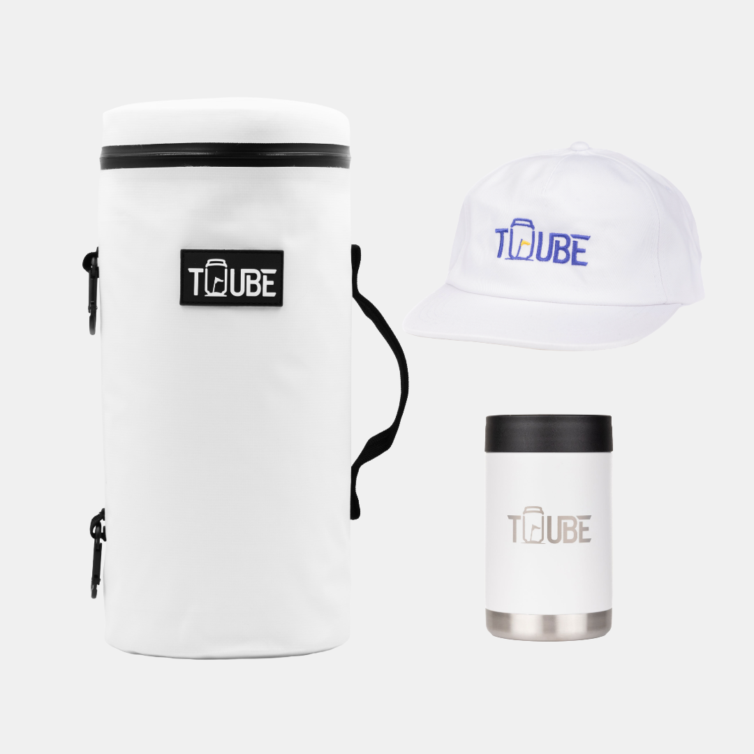 White Tuube Gift Bundle flat-lay showing white Tuube 2.0 cooler and white stainless steel cooler, clean colourway golf gift set
