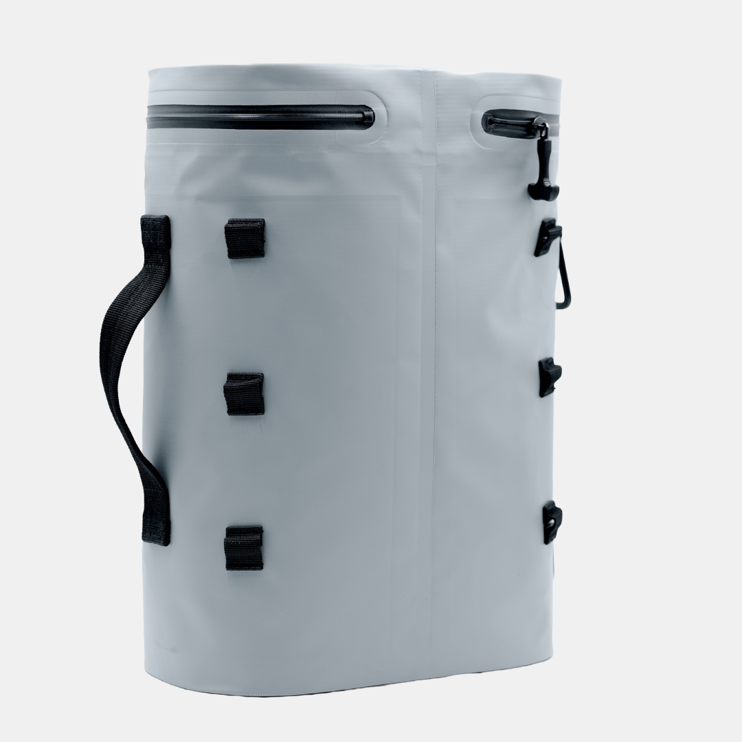 PVC tarpaulin outer coating on Tuube Weekender 8L grey cooler bag, waterproof and wipe-clean surface designed for outdoor durability