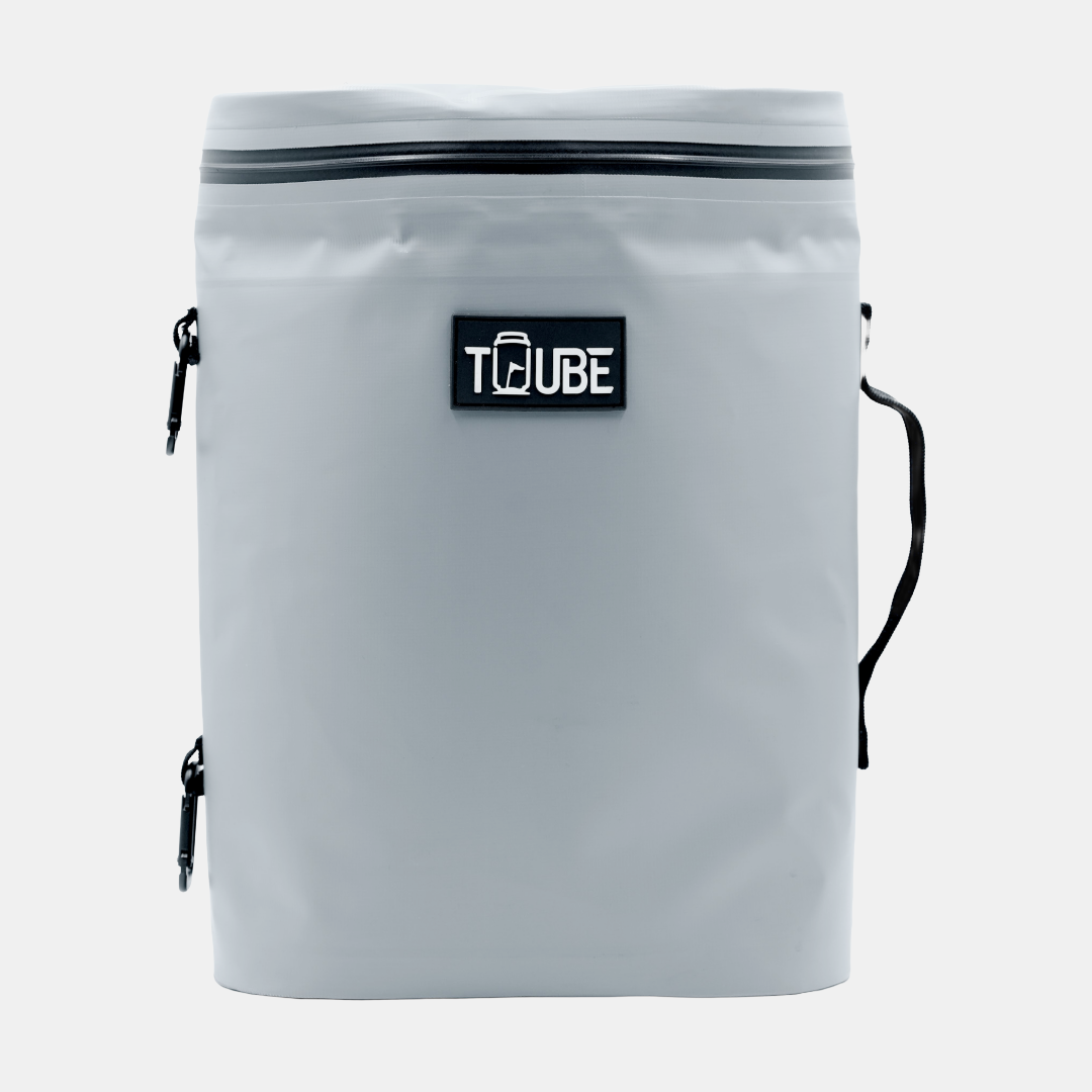 Tuube Weekender 8L grey cooler bag with size reference, dimensions 14.5cm wide by 24.5cm long by 34cm tall, compact for a 12-can capacity