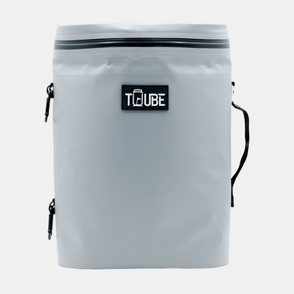 Tuube Weekender 8L grey cooler bag with size reference, dimensions 14.5cm wide by 24.5cm long by 34cm tall, compact for a 12-can capacity