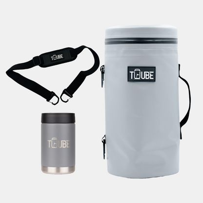 Grey Tuube Caddy Bundle showing Tuube XL grey cooler, padded shoulder strap, and grey stainless steel cooler, 30% saving bundle