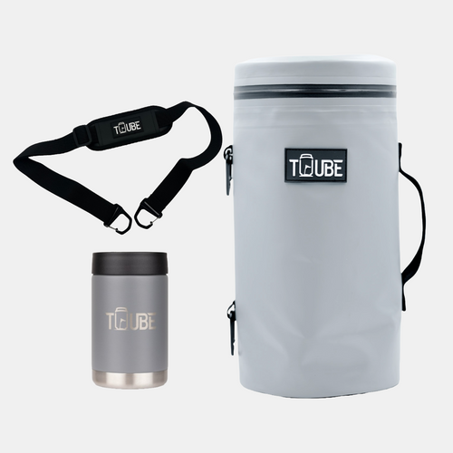 Grey Tuube Caddy Bundle showing Tuube XL grey cooler, padded shoulder strap, and grey stainless steel cooler, 30% saving bundle