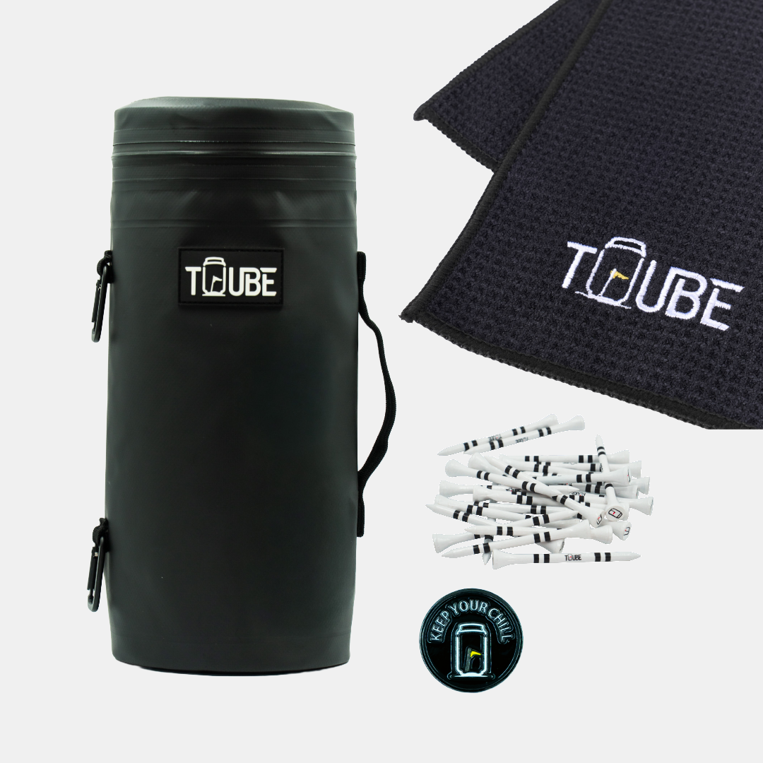 Black Tuube Players Bundle flat-lay showing Tuube 2.0 black cooler, black microfibre towel, ball marker, and 83mm tees