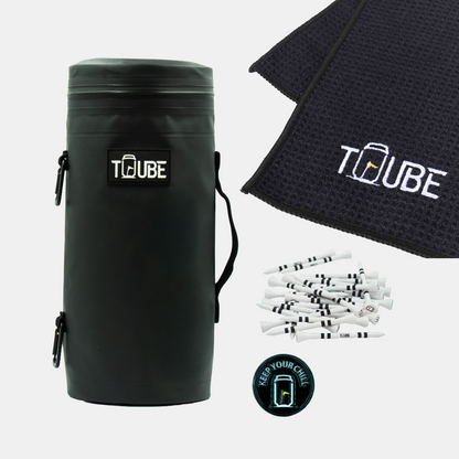 Black Tuube Players Bundle flat-lay showing Tuube 2.0 black cooler, black microfibre towel, ball marker, and 83mm tees
