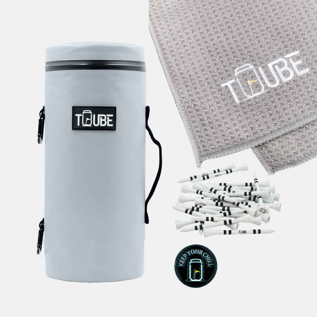 Grey Tuube Players Bundle flat-lay showing Tuube 2.0 grey cooler, grey microfibre towel, ball marker, and 83mm tees on white background