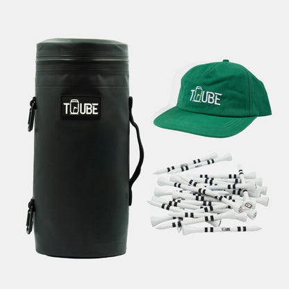 Tuube Signature Bundle flat-lay showing black Tuube 2.0 cooler, green 5-panel hat, and 83mm long tees on white background