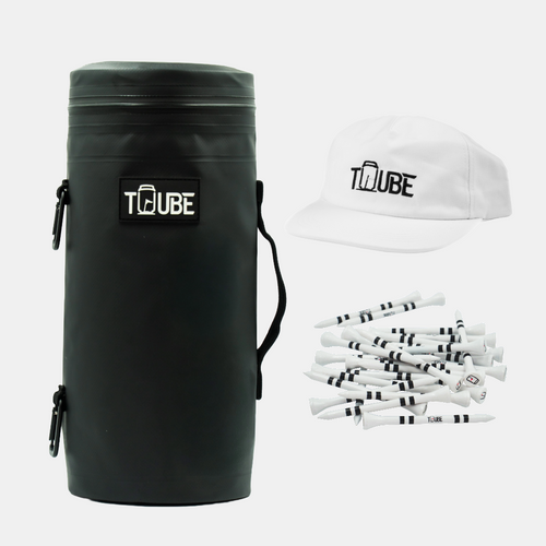 Tuube Signature Bundle flat-lay showing black Tuube 2.0 cooler, white 5-panel hat, and 83mm long tees on white background