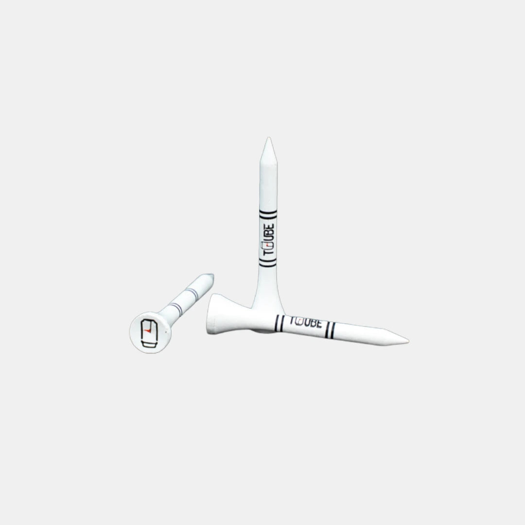 Tuube 54mm short golf tees 25-pack product shot, durable plastic tees ideal for irons and fairway woods, Tuube-branded