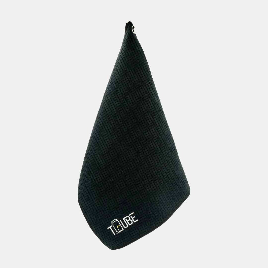 Black Tuube microfiber towel, soft microfiber with carabiner for golf bag attachment