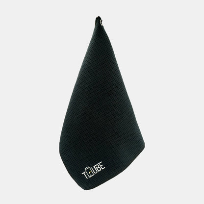 Black Tuube microfiber towel, soft microfiber with carabiner for golf bag attachment