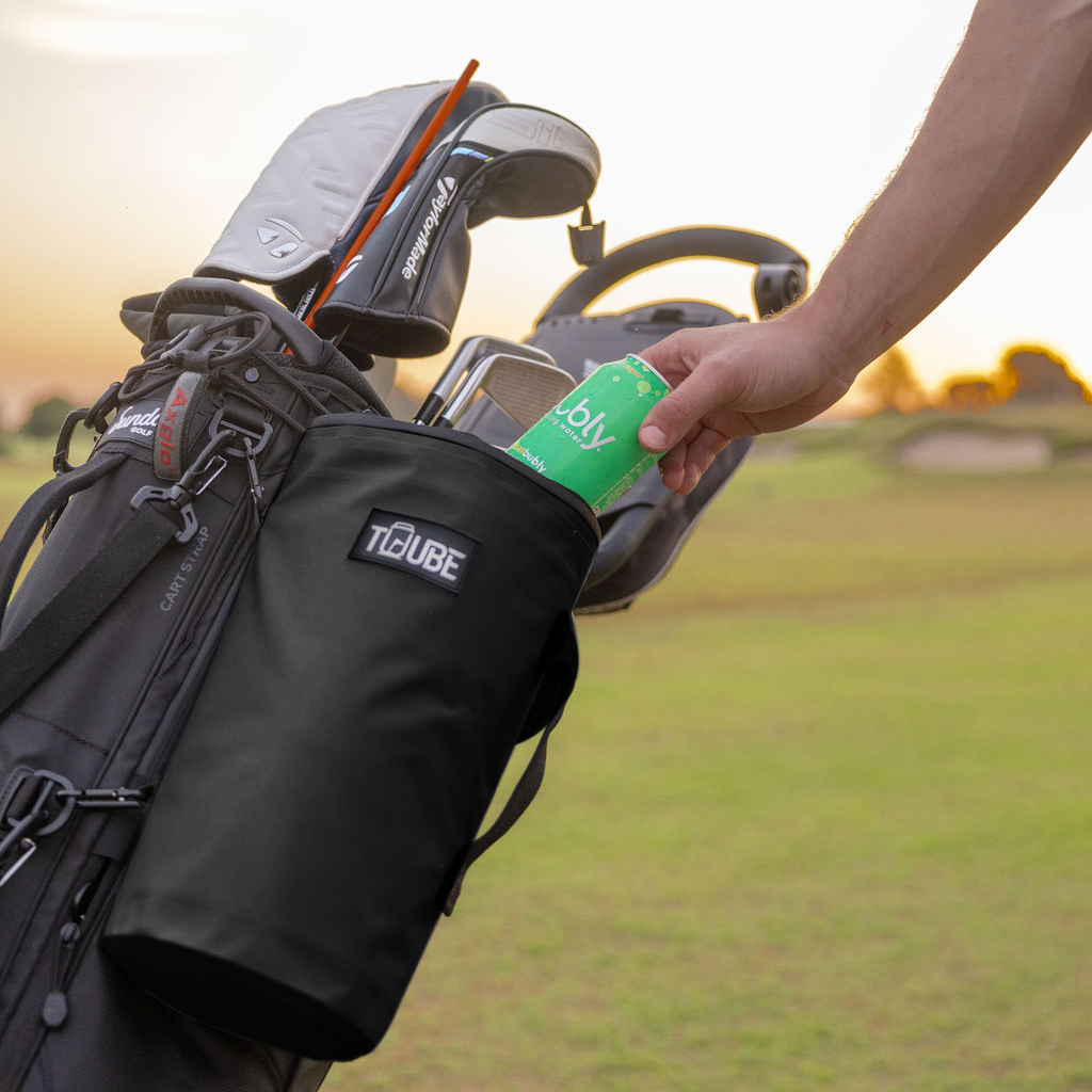 Close-up of black Tuube Cooler Bag 2.0 zipper and carry handle, showing 100% leakproof construction and heat-welded seams