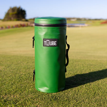 Close-up of green Tuube Cooler Bag 2.0 showing carry handle and leakproof zipper, attachable insulated golf cooler
